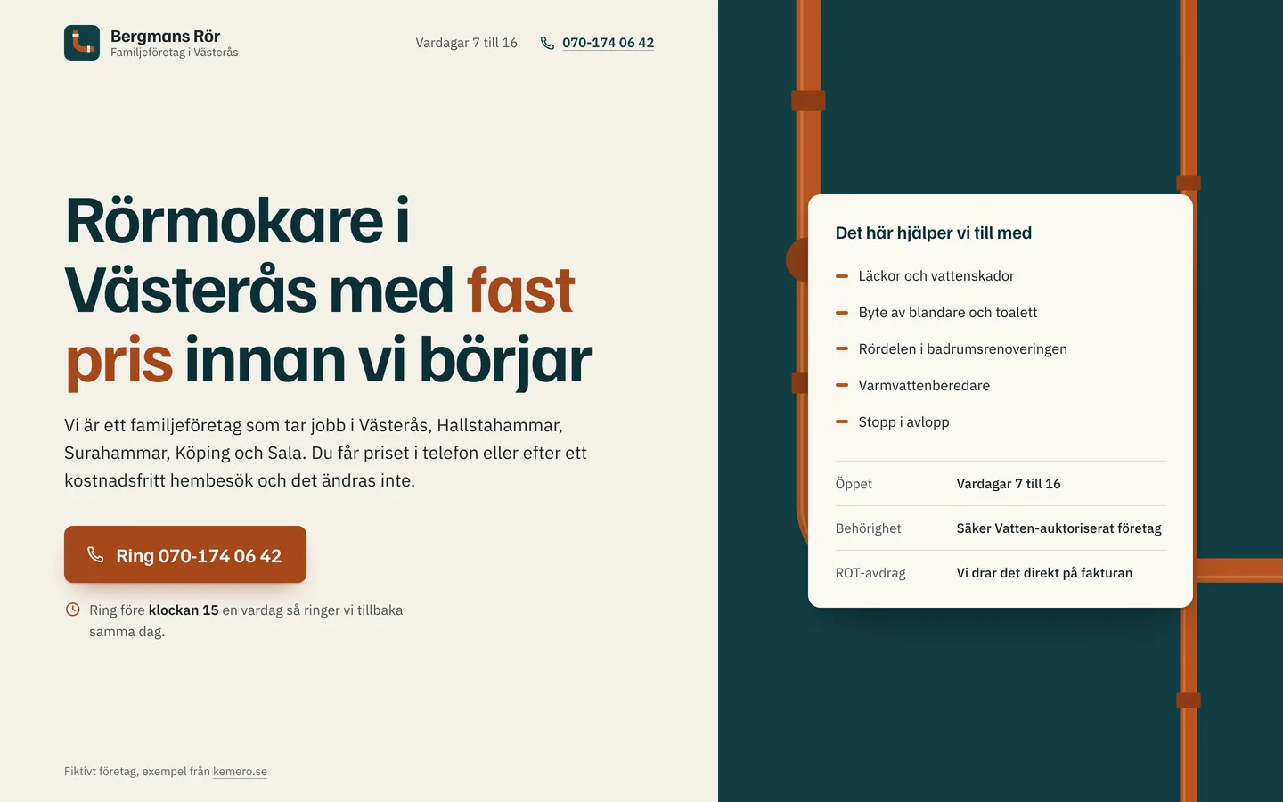 En ljus startsida för Bergmans Rör med rubriken Rörmokare i Västerås med fast pris innan vi börjar, en knapp för att ringa och en ruta med tjänster, öppettider och behörighet
